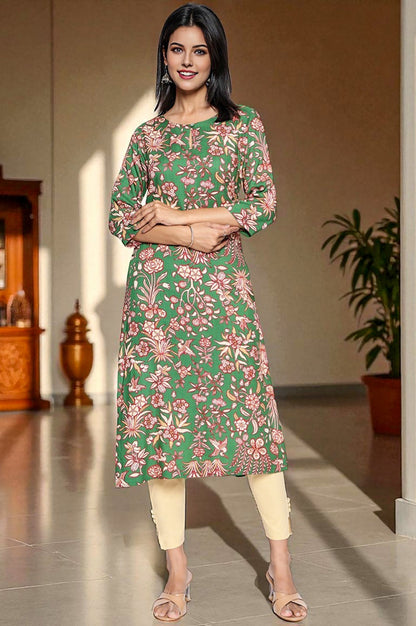 W for Woman Green Botanical Print Thread Work Straight Rayon Kurta