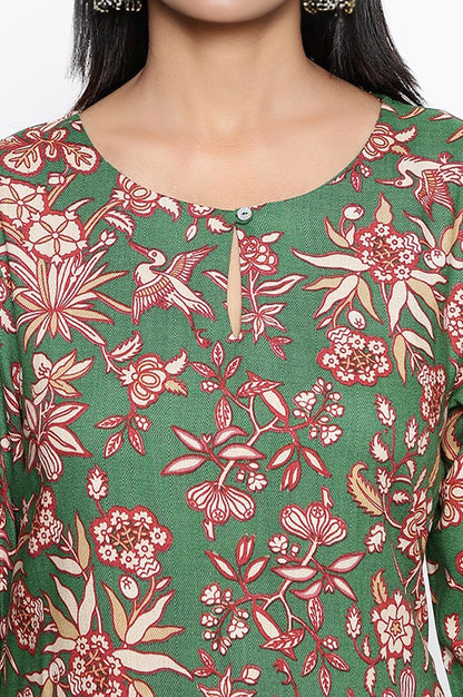 W for Woman Green Botanical Print Thread Work Straight Rayon Kurta