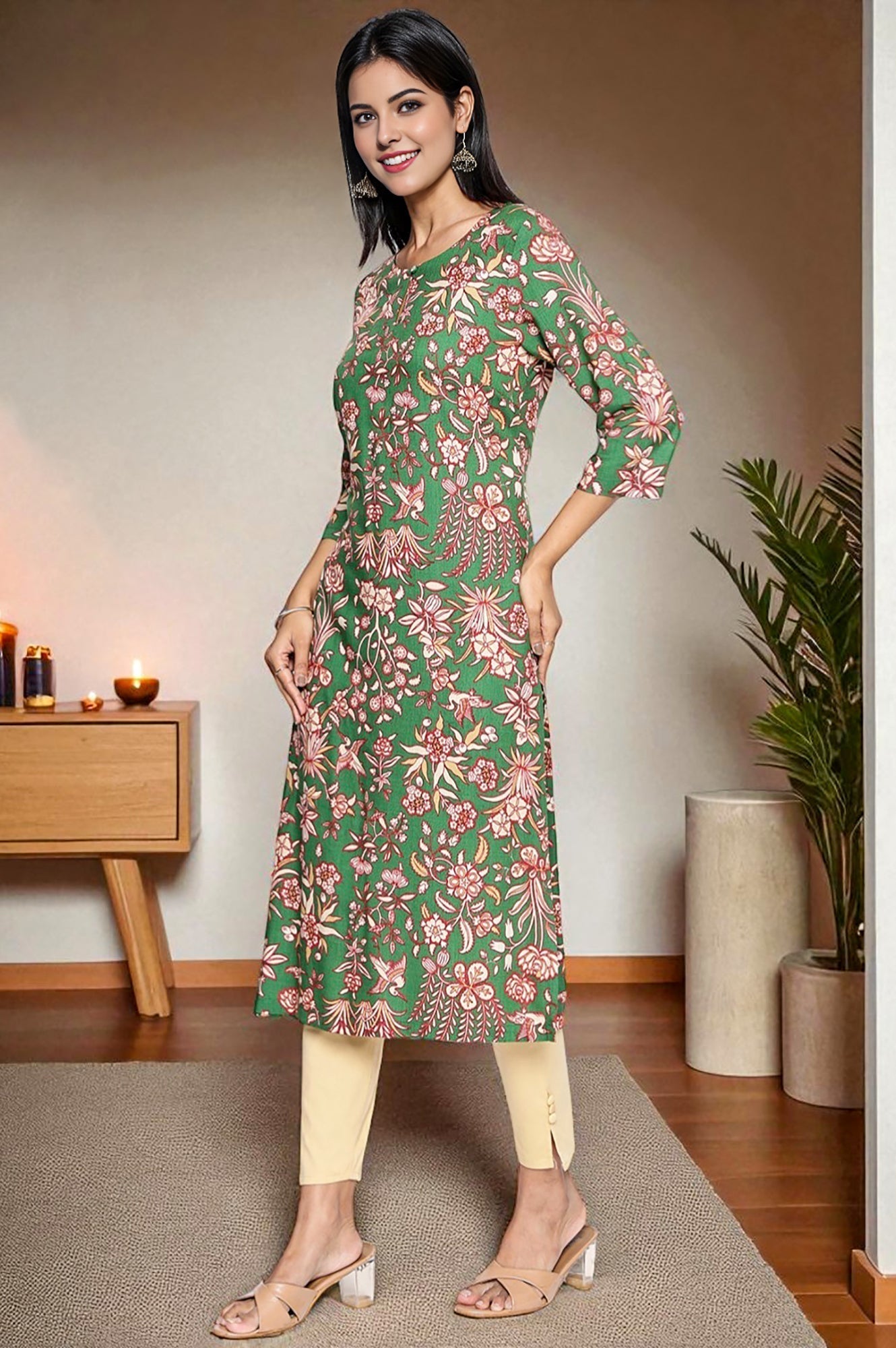 W for Woman Green Botanical Print Thread Work Straight Rayon Kurta