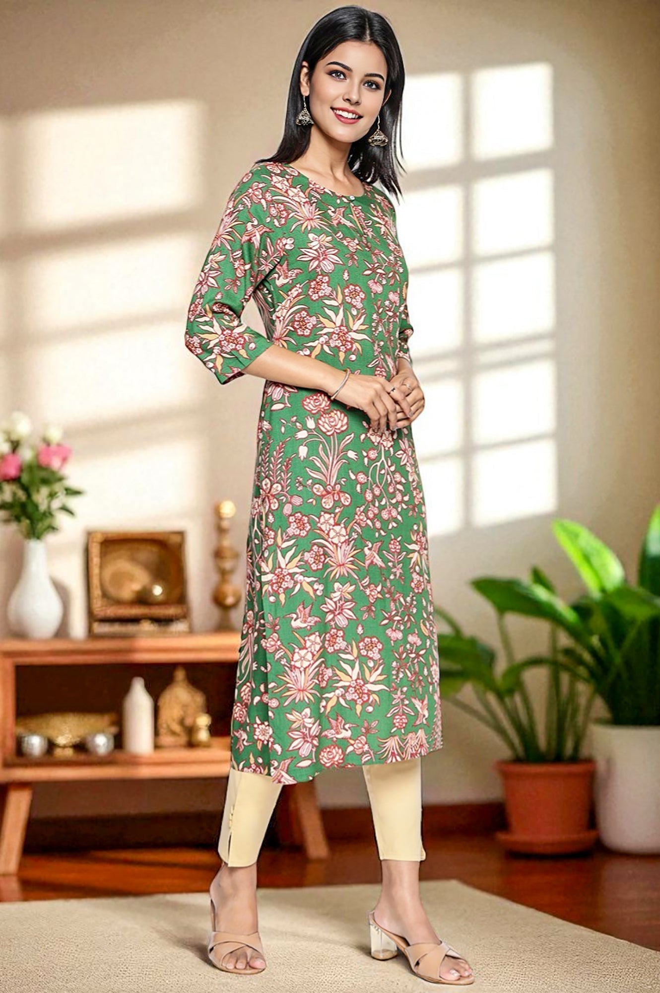 W for Woman Green Botanical Print Thread Work Straight Rayon Kurta