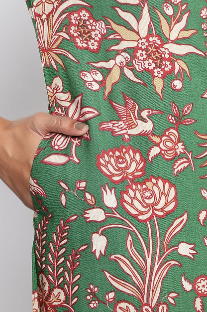 W for Woman Green Botanical Print Thread Work Straight Rayon Kurta