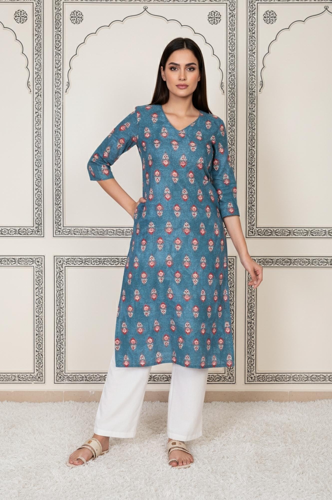 W for Woman Blue Floral Printed Straight Cotton Kurta