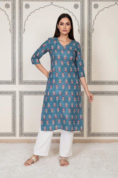 W for Woman Blue Floral Printed Straight Cotton Kurta