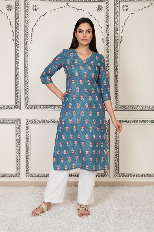 W for Woman Blue Floral Printed Straight Cotton Kurta