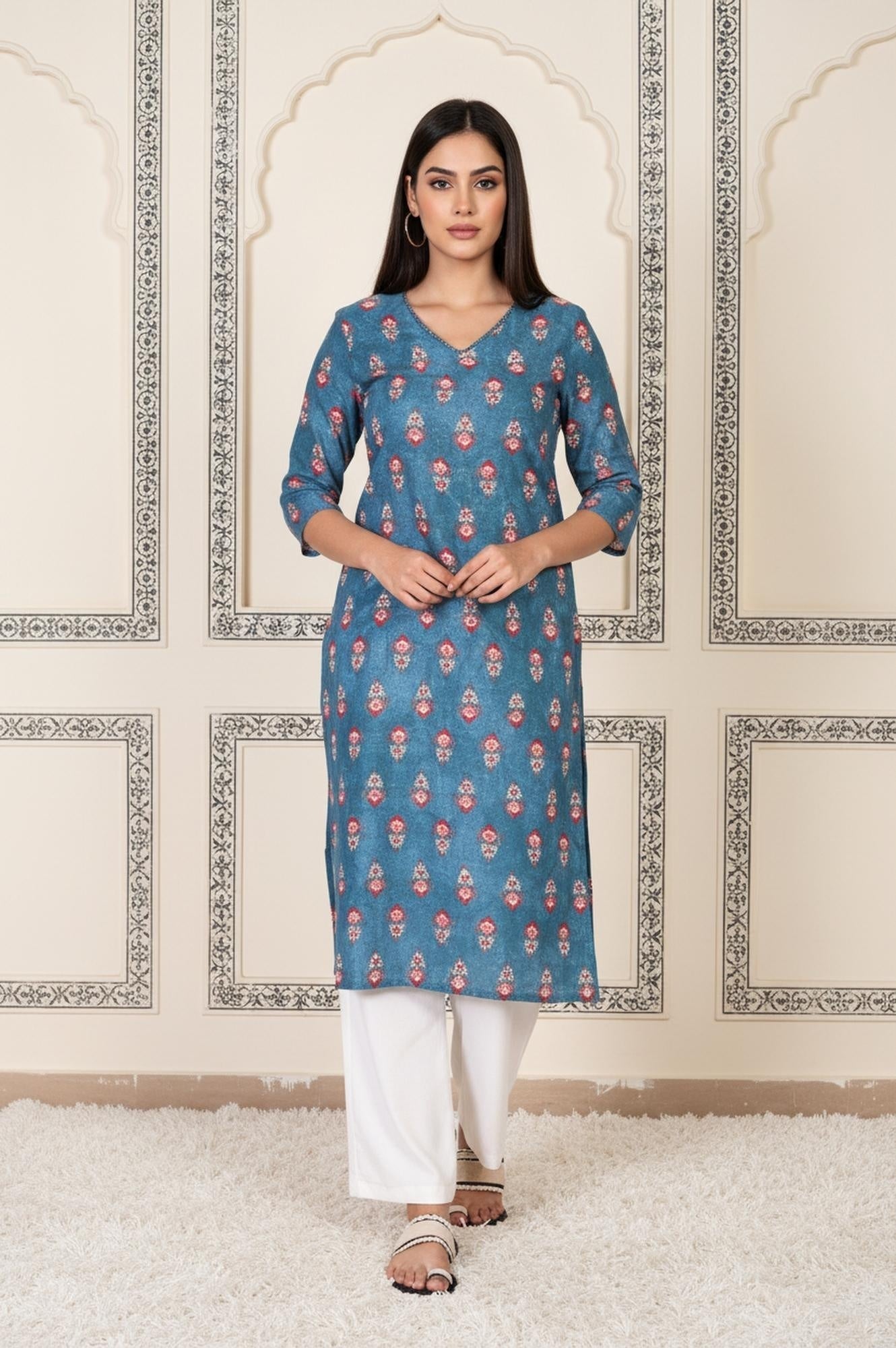 W for Woman Blue Floral Printed Straight Cotton Kurta