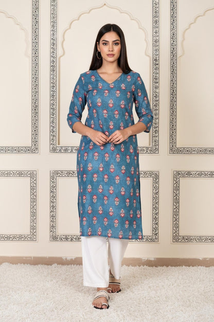 W for Woman Blue Floral Printed Straight Cotton Kurta