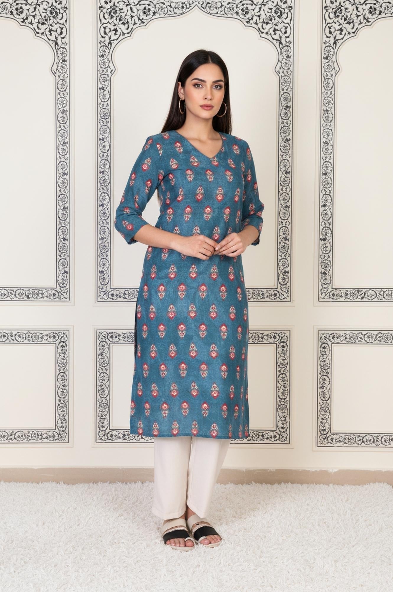 W for Woman Blue Floral Printed Straight Cotton Kurta
