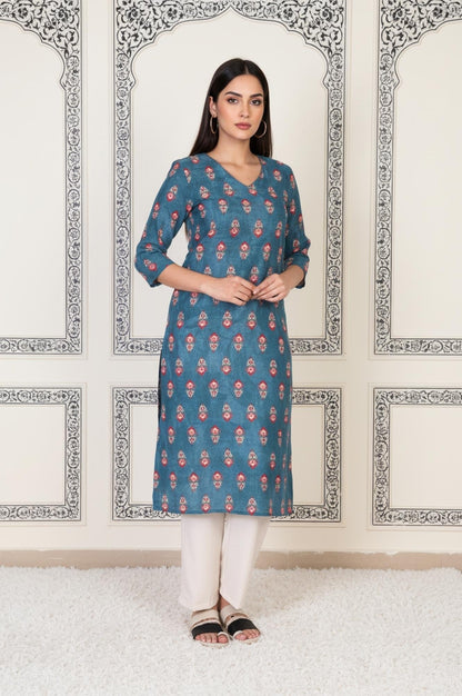 W for Woman Blue Floral Printed Straight Cotton Kurta
