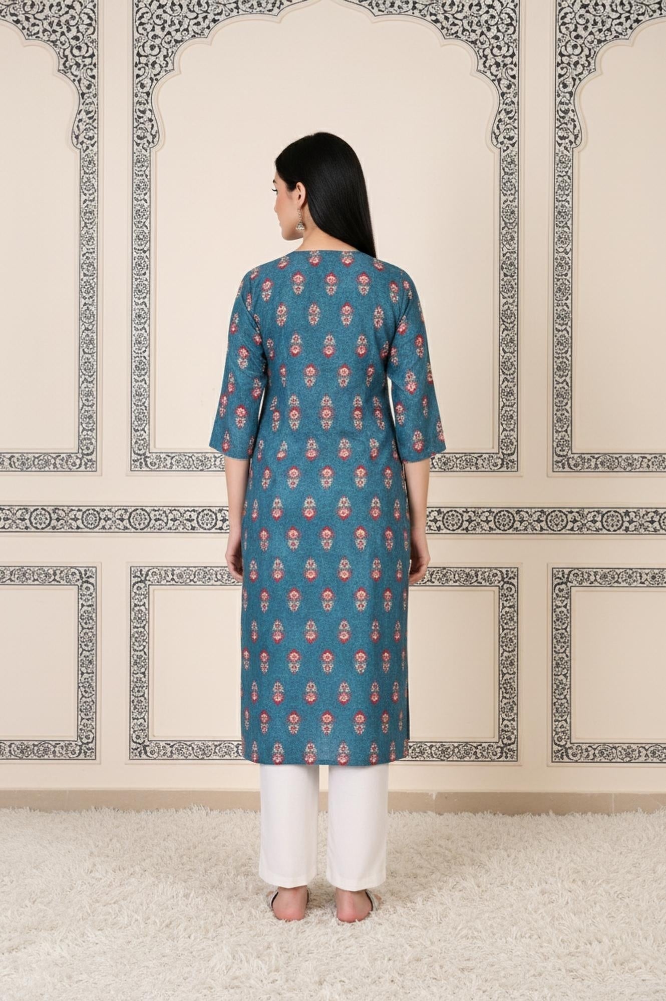 W for Woman Blue Floral Printed Straight Cotton Kurta