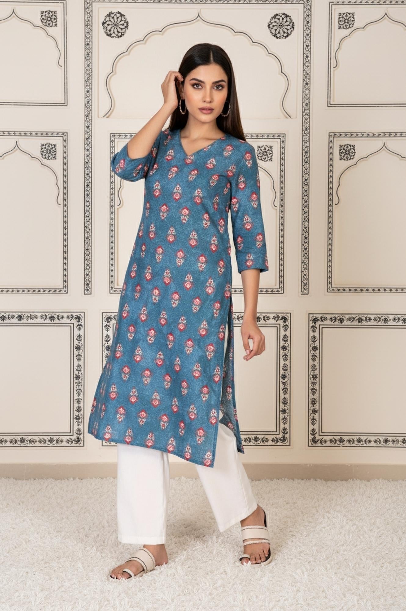 W for Woman Blue Floral Printed Straight Cotton Kurta
