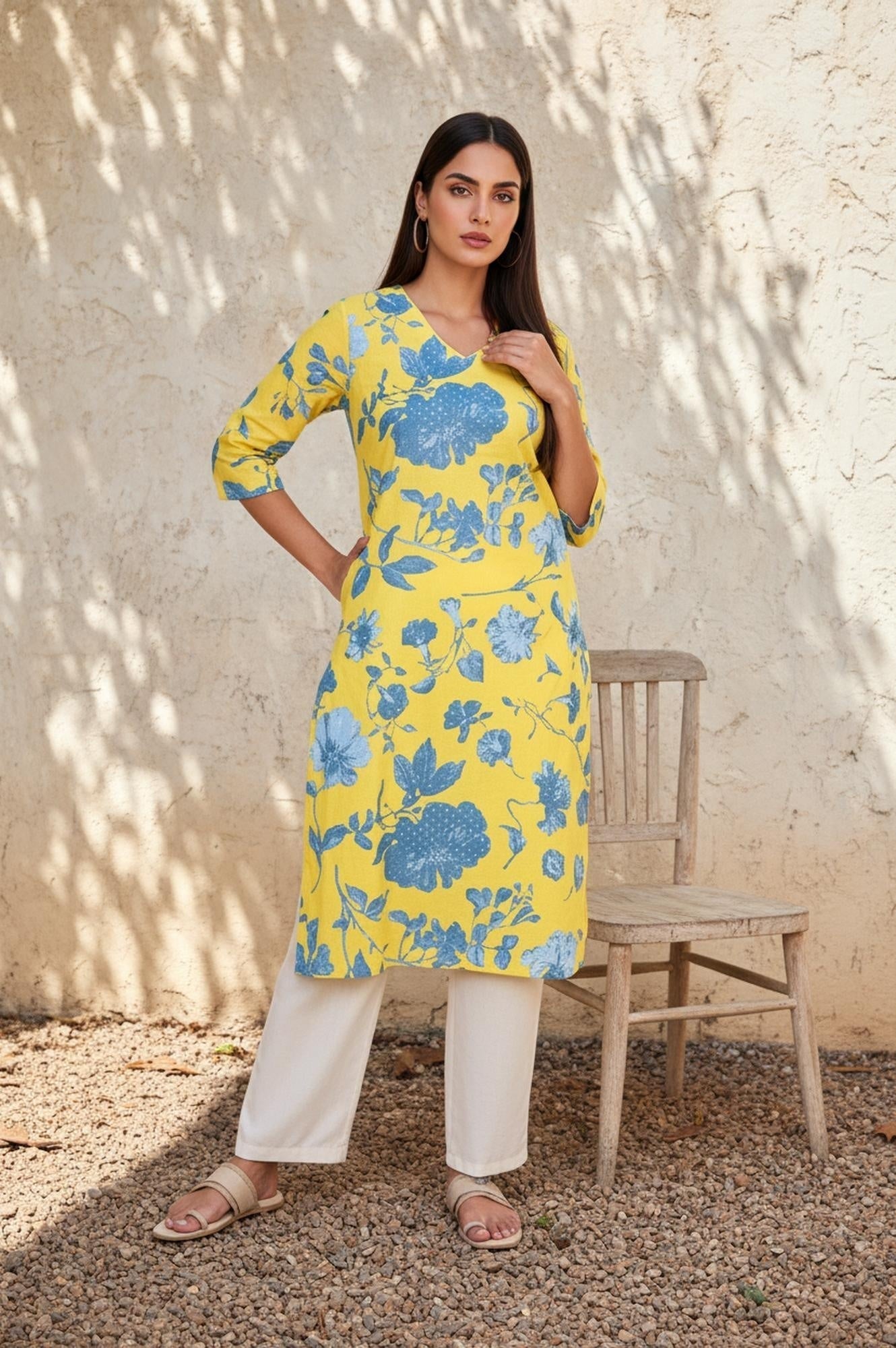 W for Woman Yellow Floral Printed Straight Cotton Kurta