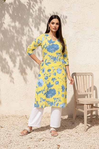 W for Woman Yellow Floral Printed Straight Cotton Kurta