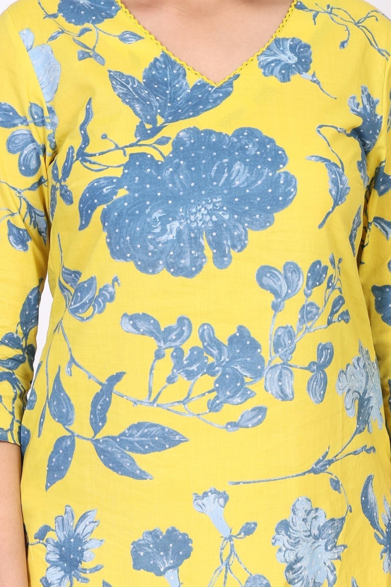 W for Woman Yellow Floral Printed Straight Cotton Kurta