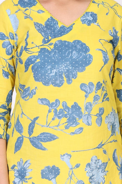 W for Woman Yellow Floral Printed Straight Cotton Kurta