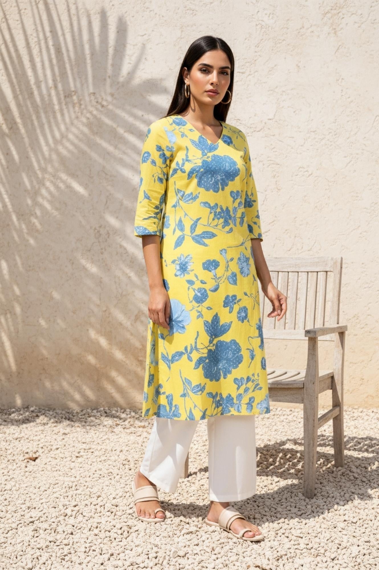 W for Woman Yellow Floral Printed Straight Cotton Kurta