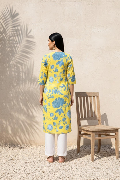 W for Woman Yellow Floral Printed Straight Cotton Kurta