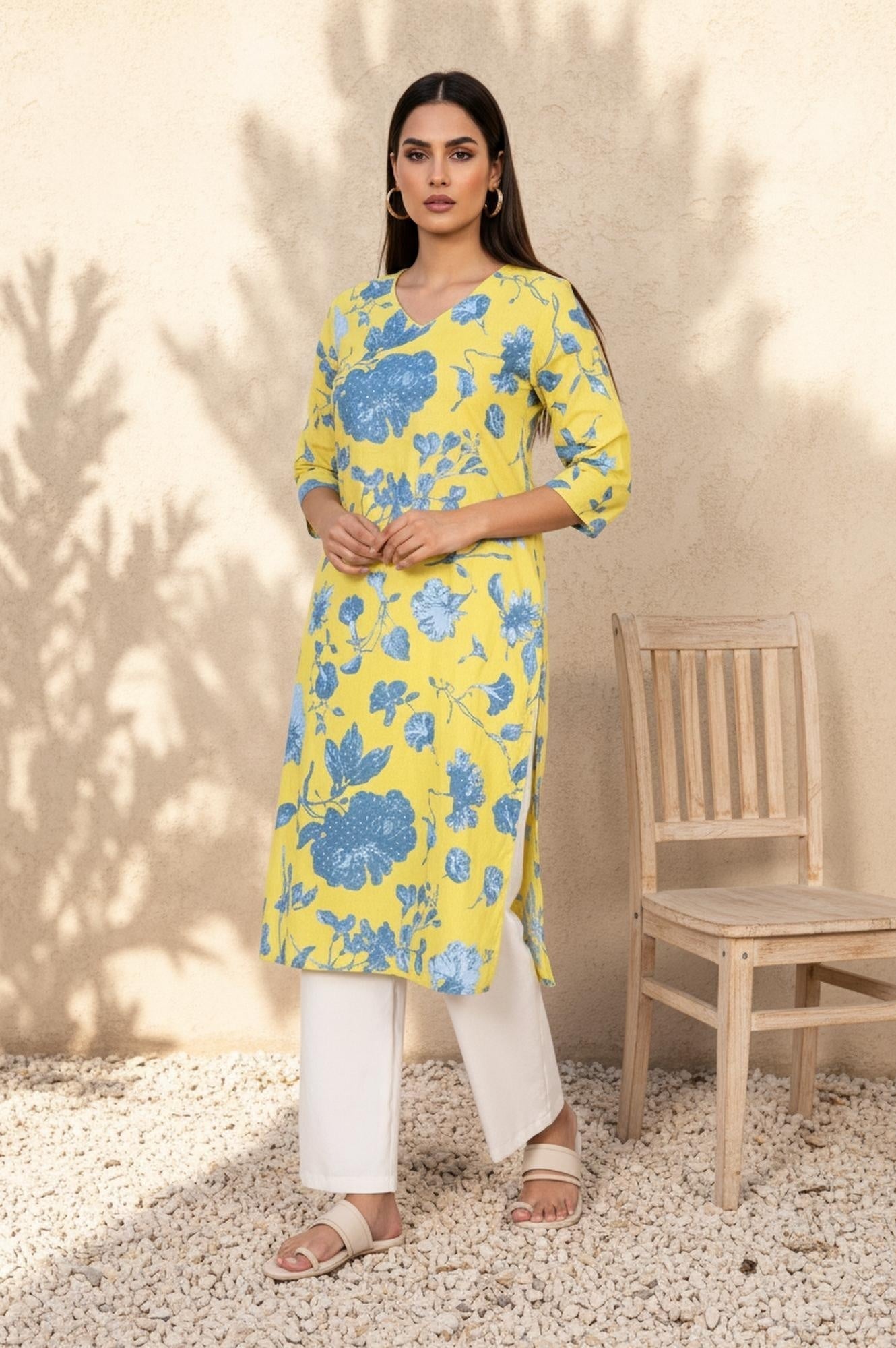 W for Woman Yellow Floral Printed Straight Cotton Kurta