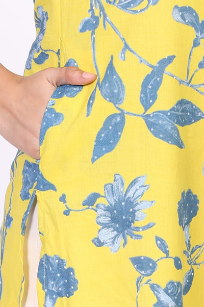 W for Woman Yellow Floral Printed Straight Cotton Kurta