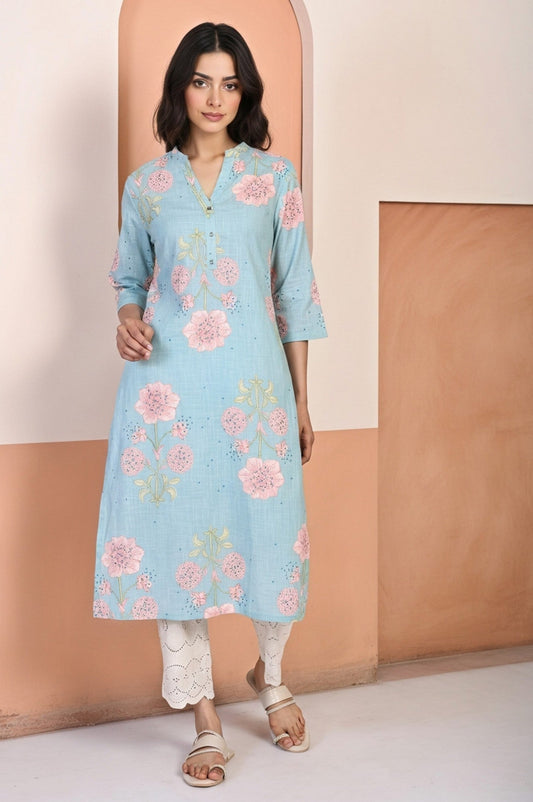 W for Woman Blue Floral Printed Thread Work Straight Rayon Kurta