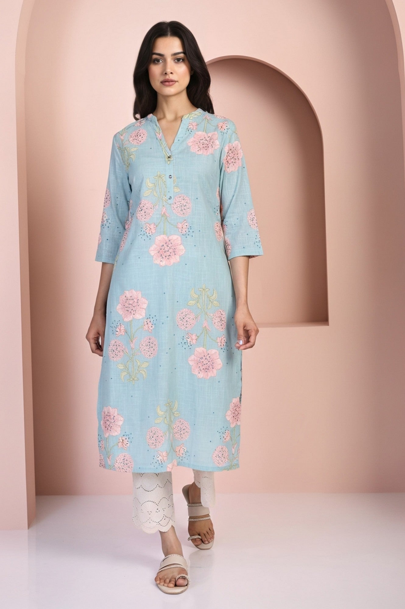 W for Woman Blue Floral Printed Thread Work Straight Rayon Kurta