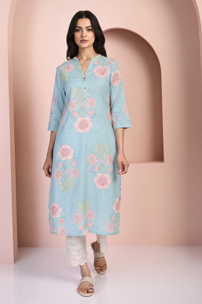 W for Woman Blue Floral Printed Thread Work Straight Rayon Kurta