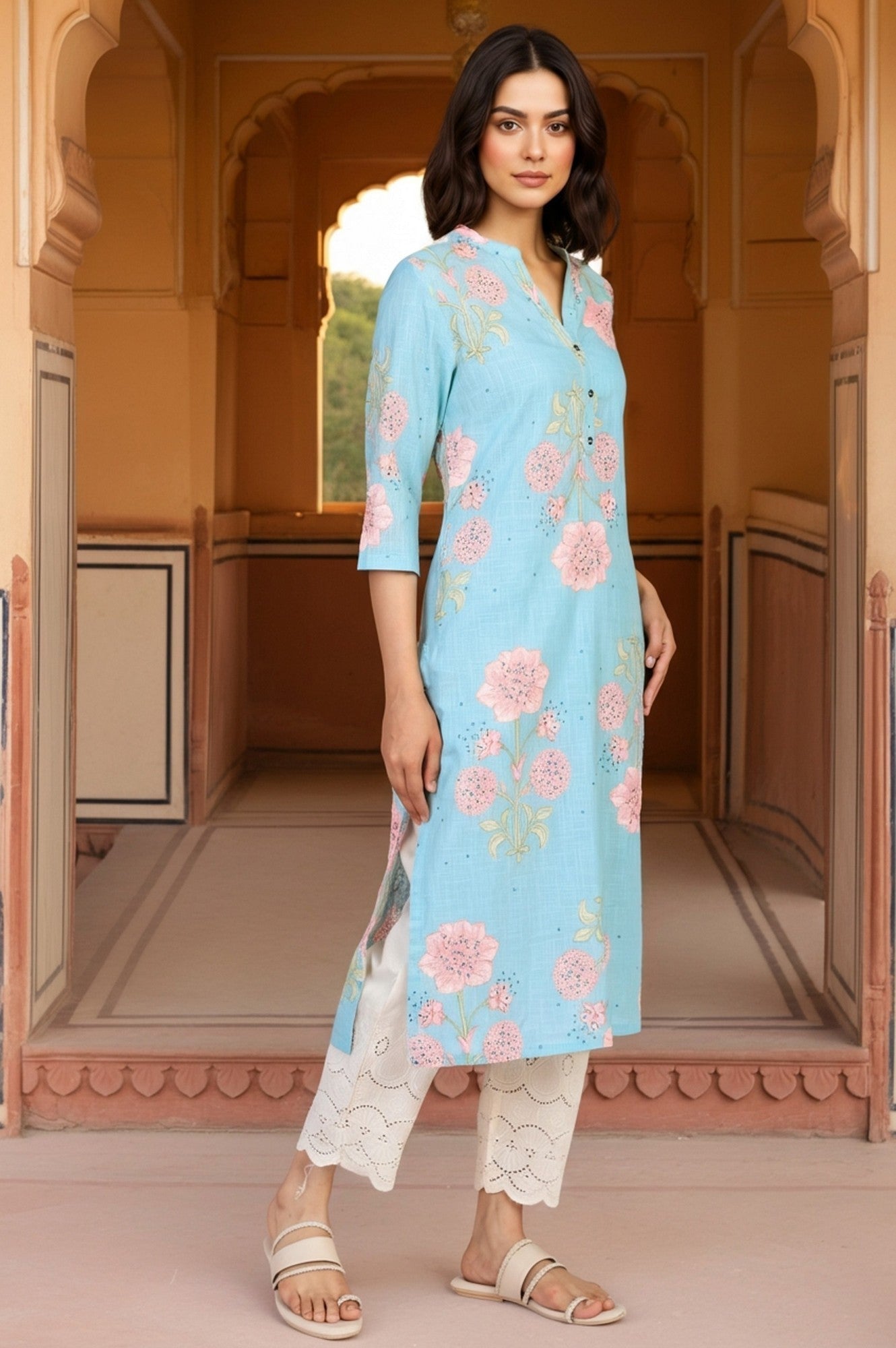 W for Woman Blue Floral Printed Thread Work Straight Rayon Kurta