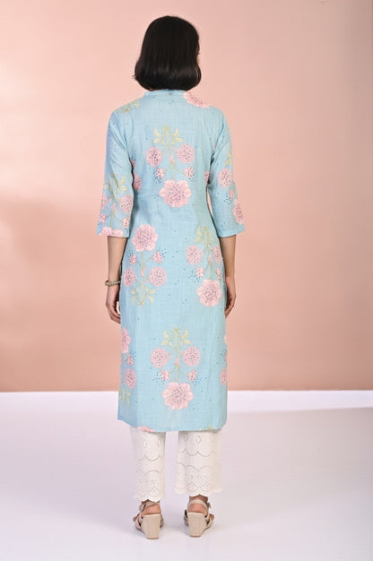 W for Woman Blue Floral Printed Thread Work Straight Rayon Kurta
