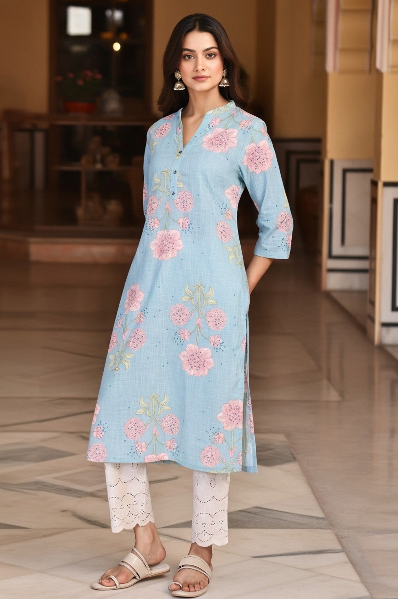 W for Woman Blue Floral Printed Thread Work Straight Rayon Kurta