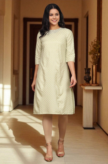 W for Woman Mint Green Glitter Printed Rayon Straight Kurta with Embroidered Neck