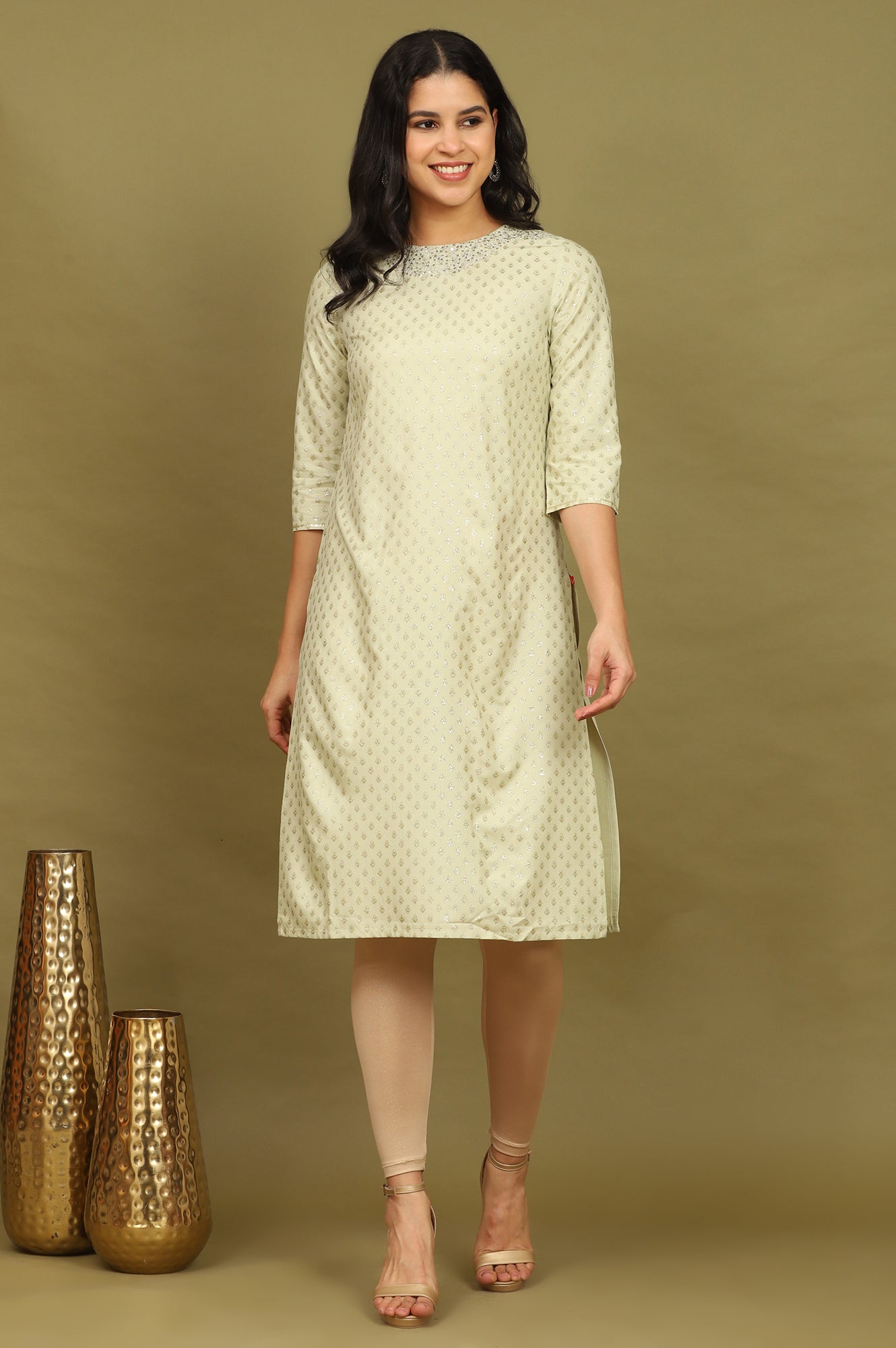 W for Woman Mint Green Glitter Printed Rayon Straight Kurta with Embroidered Neck