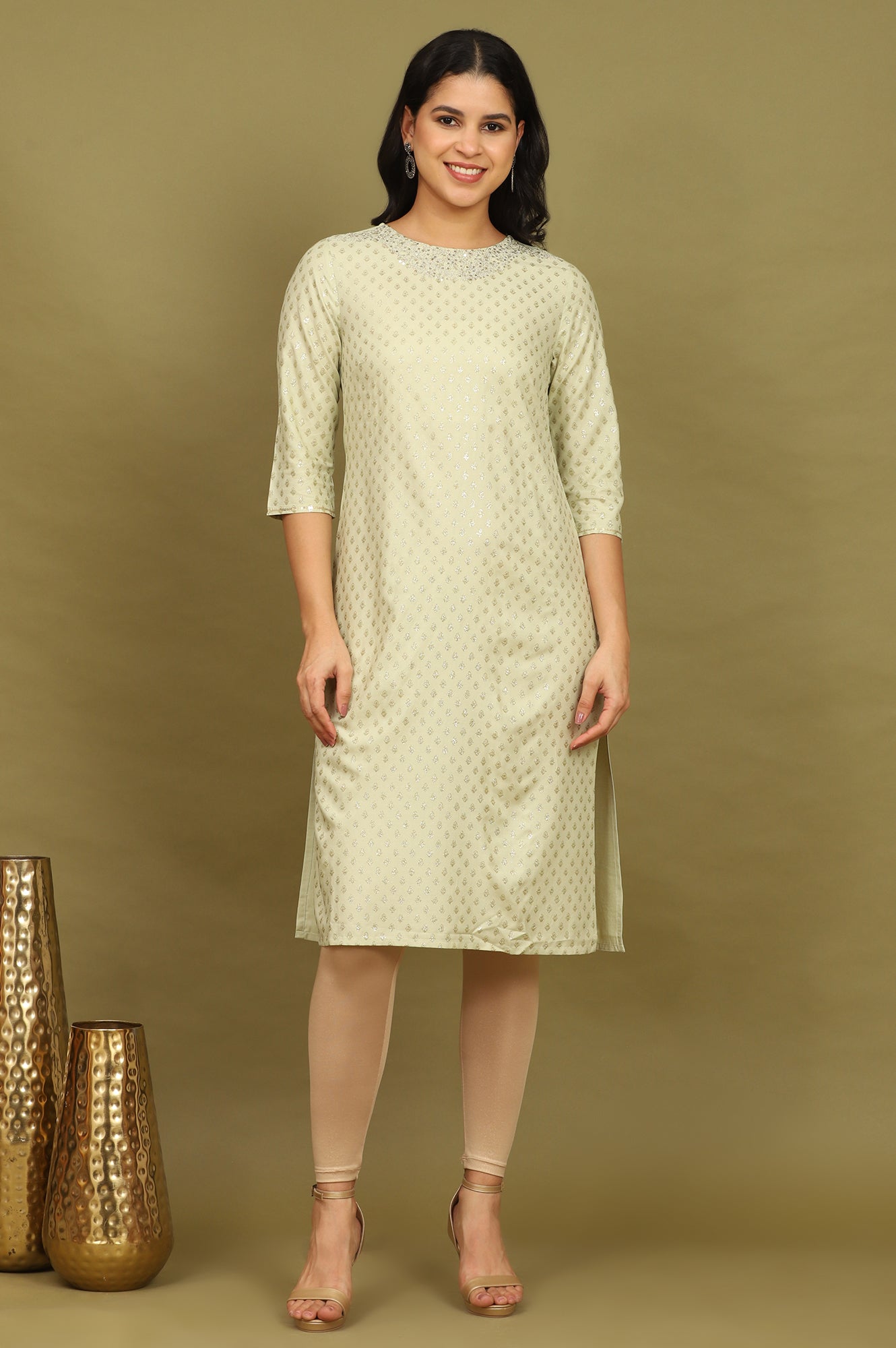 W for Woman Mint Green Glitter Printed Rayon Straight Kurta with Embroidered Neck