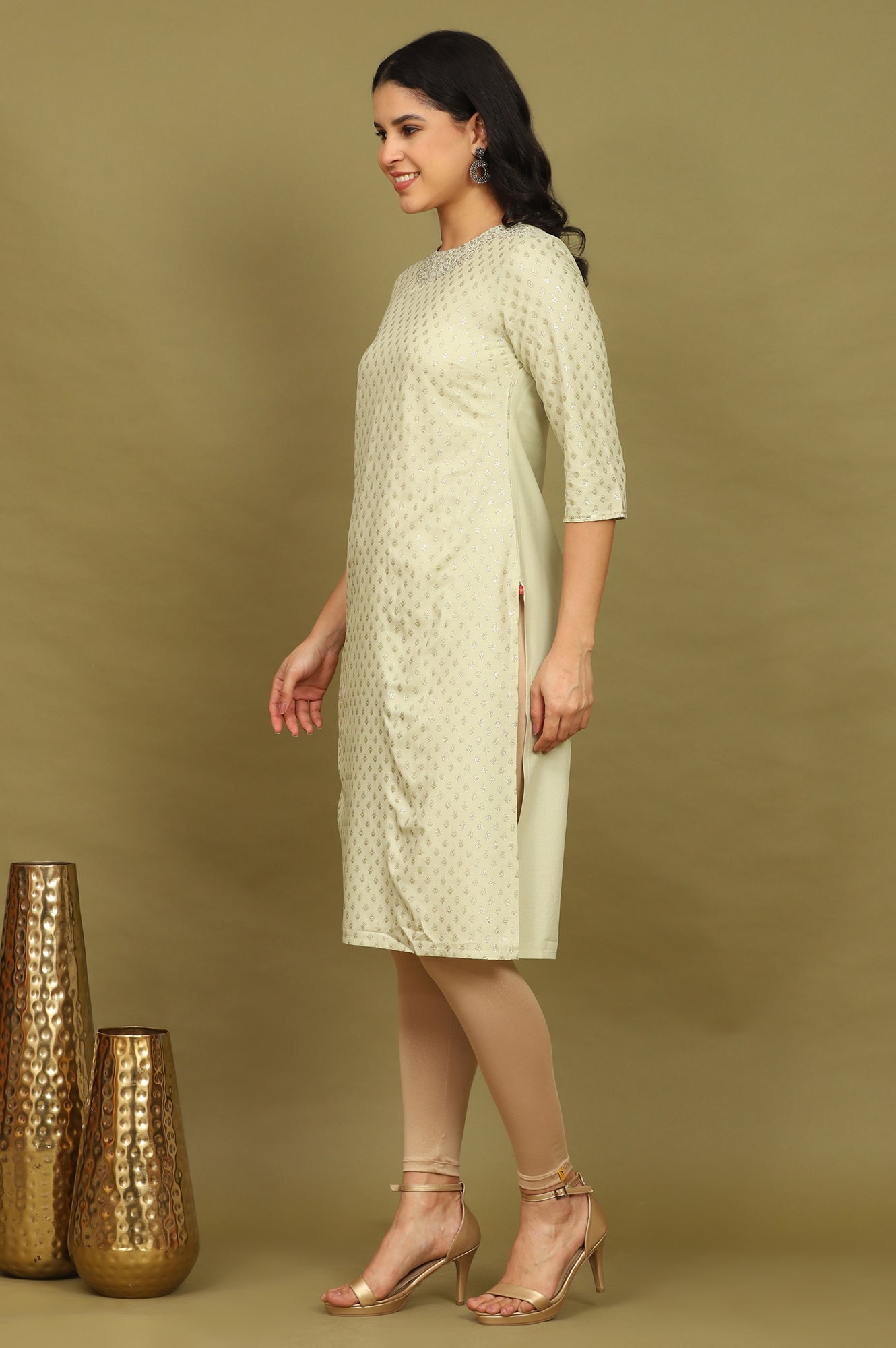 W for Woman Mint Green Glitter Printed Rayon Straight Kurta with Embroidered Neck