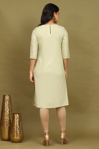 W for Woman Mint Green Glitter Printed Rayon Straight Kurta with Embroidered Neck