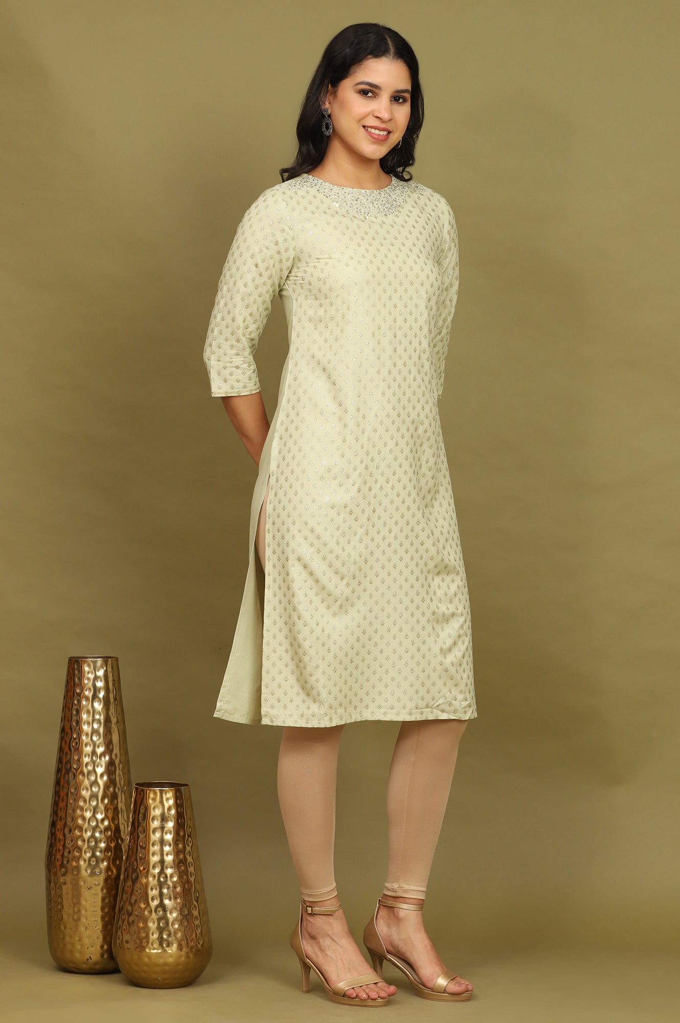 W for Woman Mint Green Glitter Printed Rayon Straight Kurta with Embroidered Neck