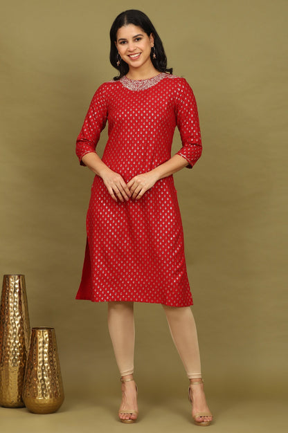 W for Woman Maroon Glitter Printed Rayon Straight Kurta with Embroidered Neck