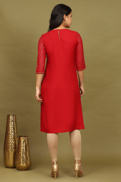 W for Woman Maroon Glitter Printed Rayon Straight Kurta with Embroidered Neck