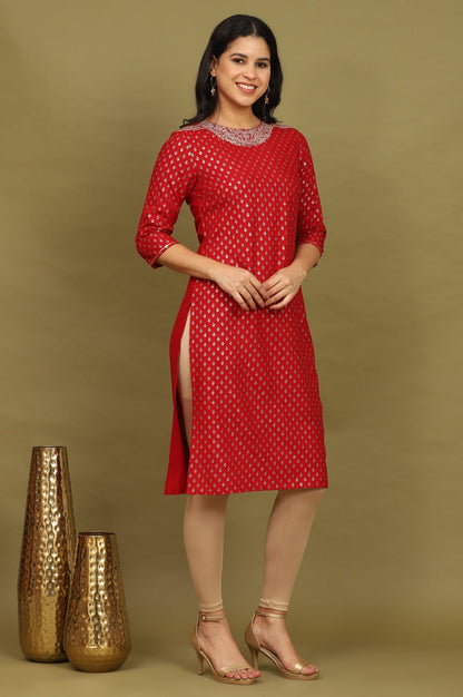 W for Woman Maroon Glitter Printed Rayon Straight Kurta with Embroidered Neck