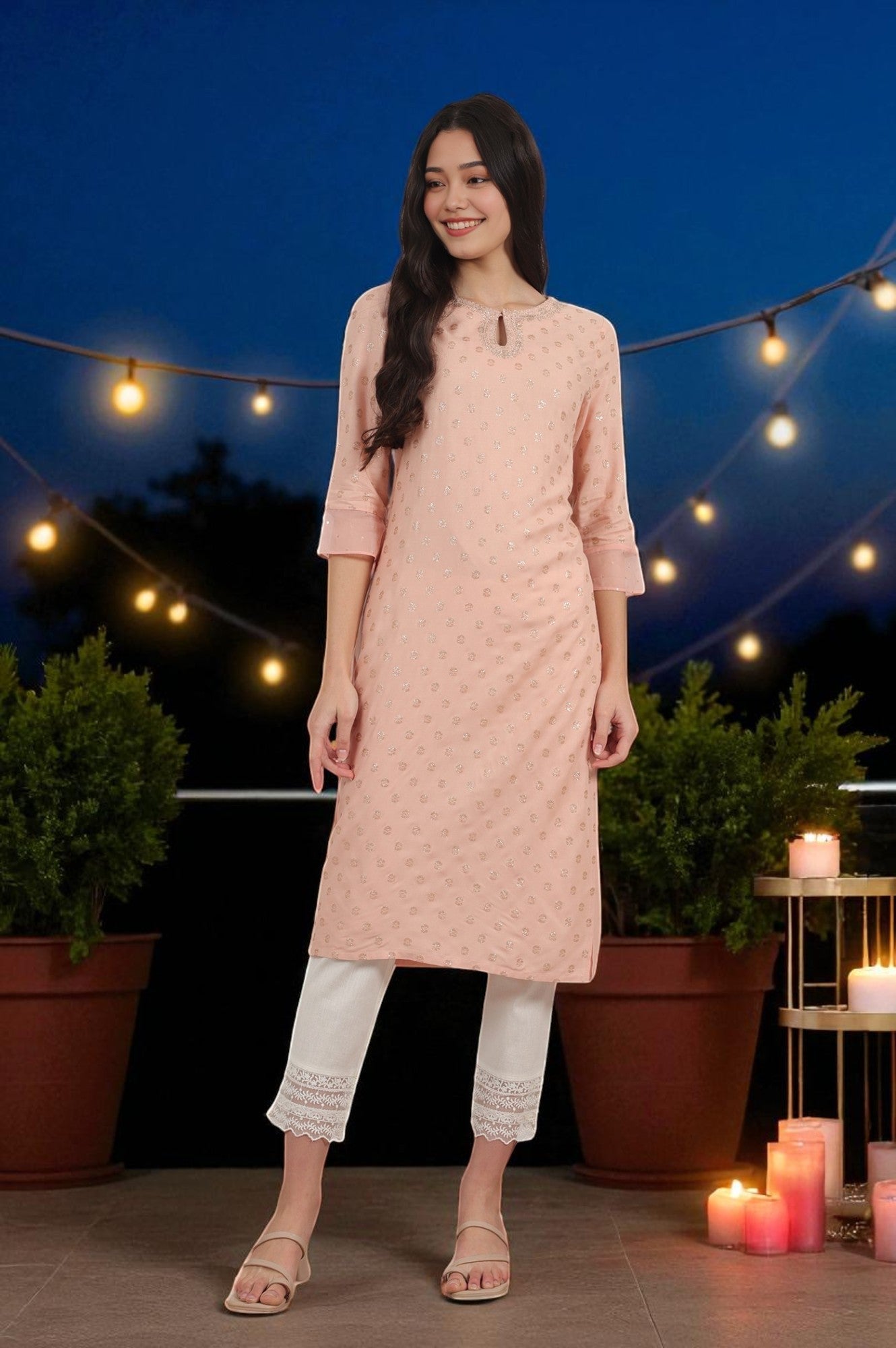 W for Woman Peach Glitter Printed Rayon Straight Kurta with Embroidered Neck