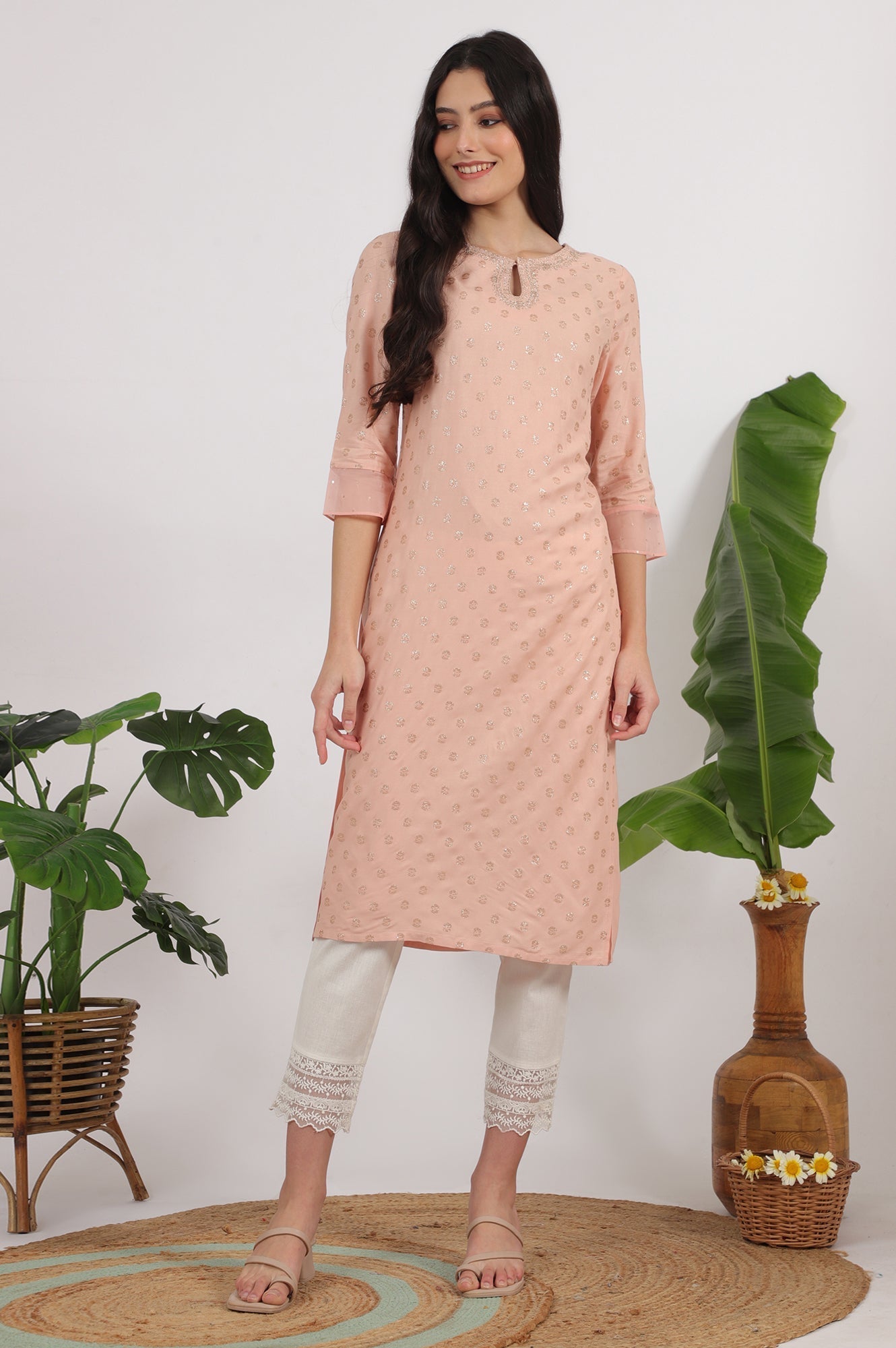 W for Woman Peach Glitter Printed Rayon Straight Kurta with Embroidered Neck