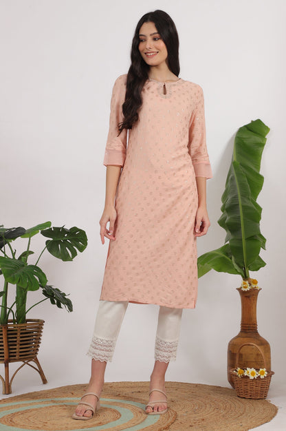 W for Woman Peach Glitter Printed Rayon Straight Kurta with Embroidered Neck
