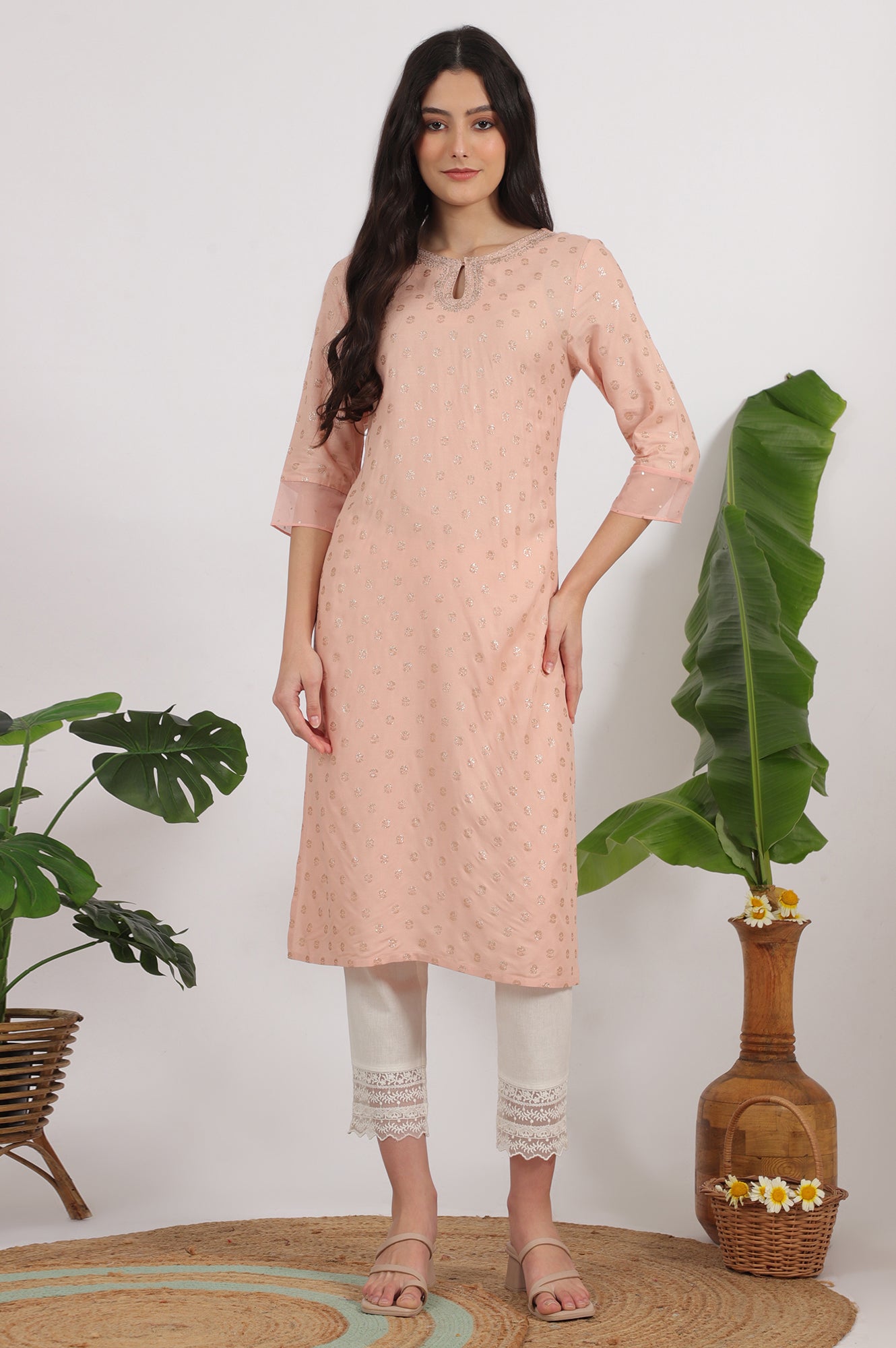W for Woman Peach Glitter Printed Rayon Straight Kurta with Embroidered Neck