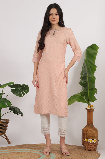 W for Woman Peach Glitter Printed Rayon Straight Kurta with Embroidered Neck