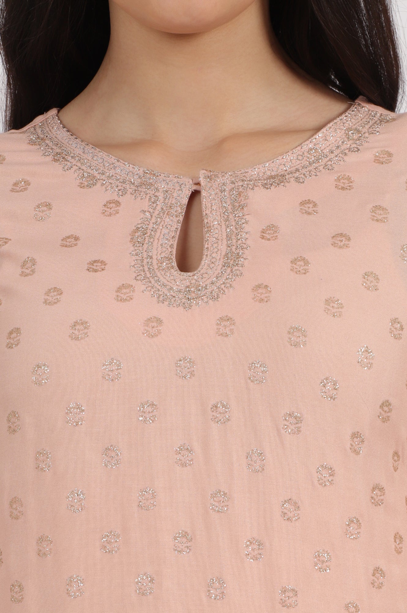 W for Woman Peach Glitter Printed Rayon Straight Kurta with Embroidered Neck