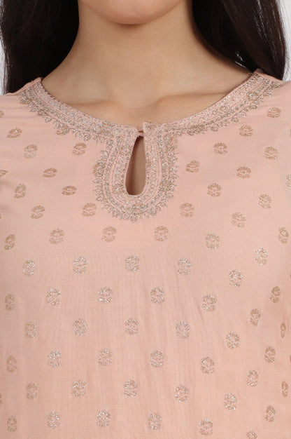 W for Woman Peach Glitter Printed Rayon Straight Kurta with Embroidered Neck