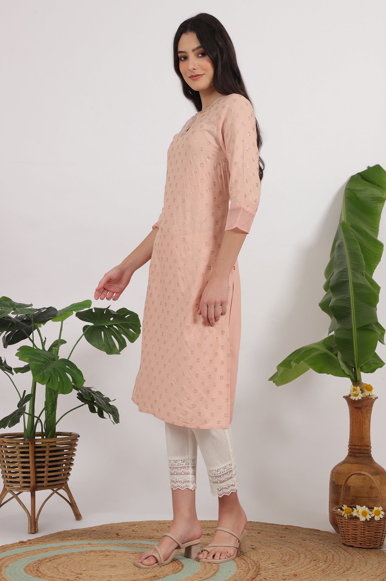 W for Woman Peach Glitter Printed Rayon Straight Kurta with Embroidered Neck