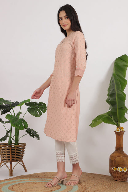 W for Woman Peach Glitter Printed Rayon Straight Kurta with Embroidered Neck