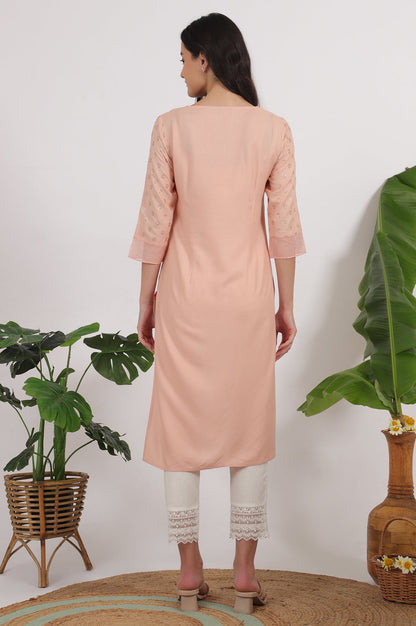 W for Woman Peach Glitter Printed Rayon Straight Kurta with Embroidered Neck