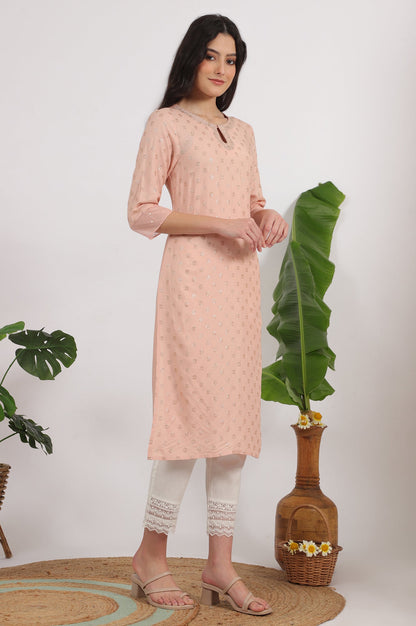 W for Woman Peach Glitter Printed Rayon Straight Kurta with Embroidered Neck