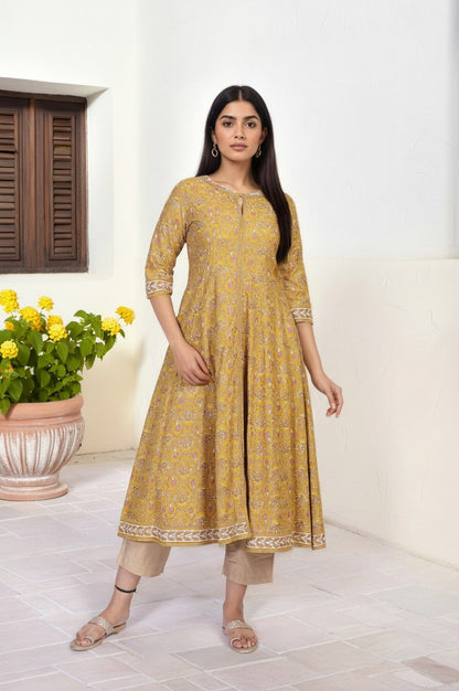 W for Woman Mustard Floral Printed Anarkali Rayon Kurta