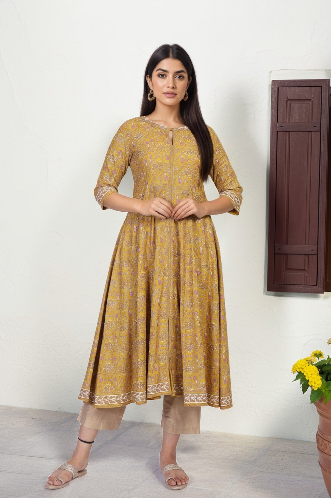 W for Woman Mustard Floral Printed Anarkali Rayon Kurta